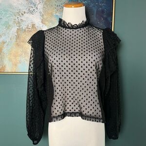 Zara Sheer Polka Dot Ruffled High-Neck Top